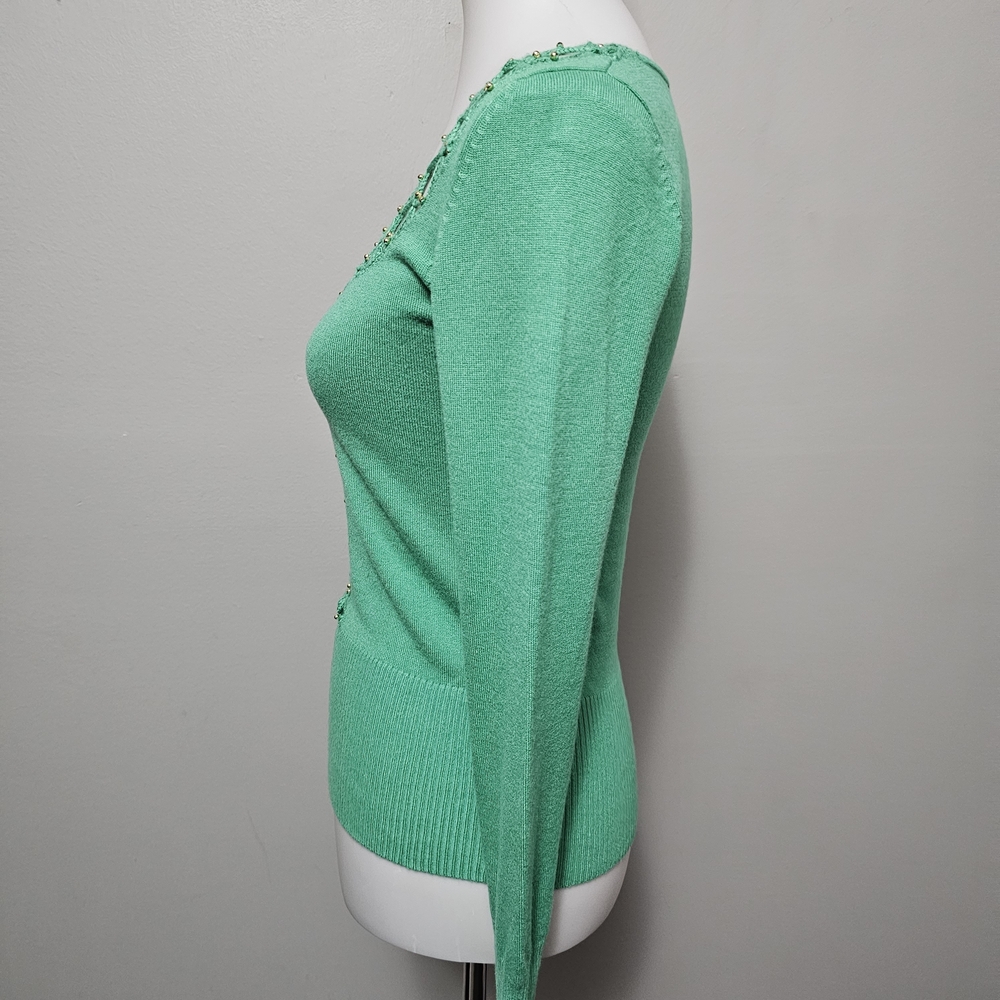 Shy Girl Y2K Mediterranean Green Medium Cutout Beaded Sweater Retro Romantic - Picture 3 of 8